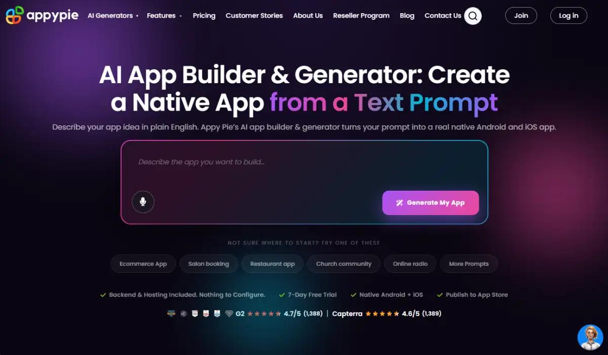 Appy Pie homepage showing AI powered small business app builder