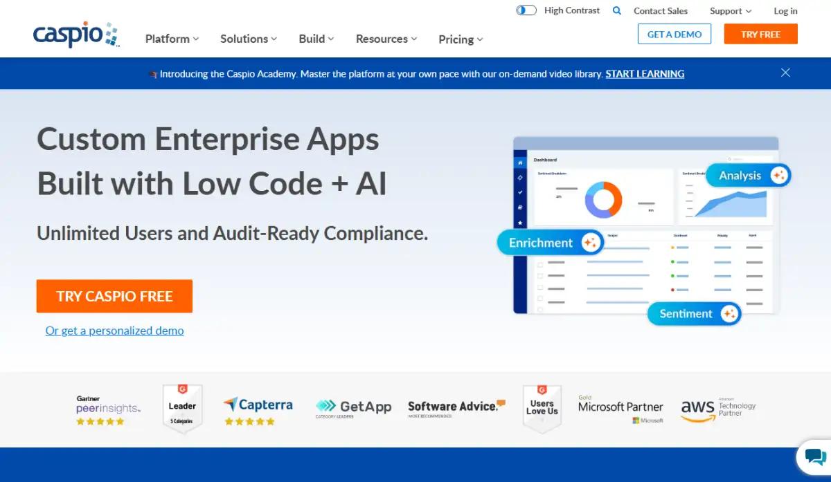 Caspio homepage showing enterprise online database application builder