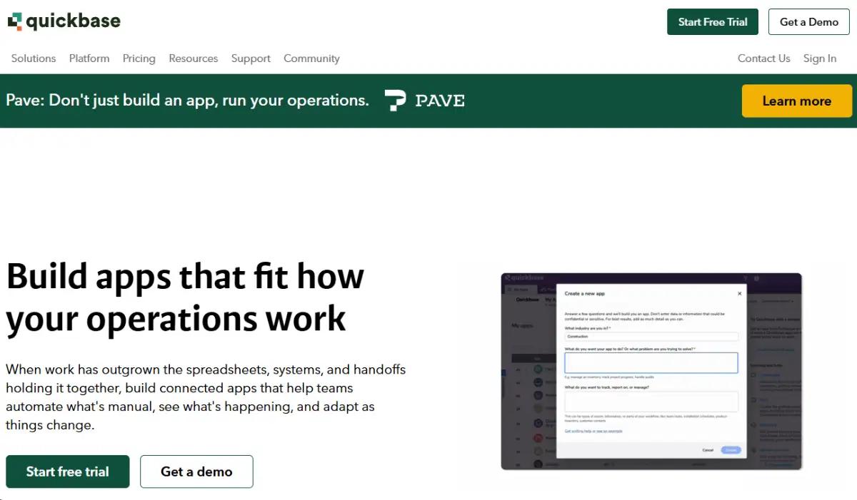 Quickbase homepage showing enterprise operations workflow dashboards