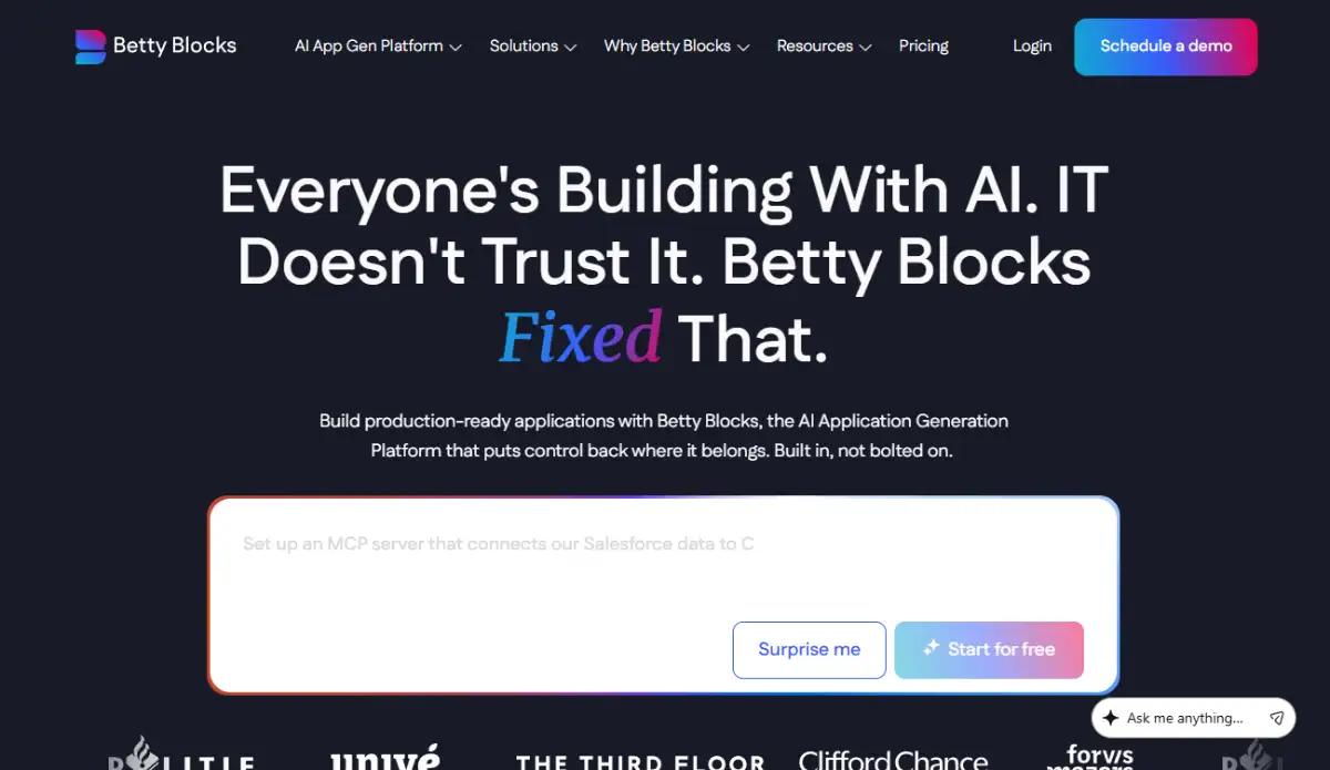 Betty Blocks homepage showing governed citizen development platform