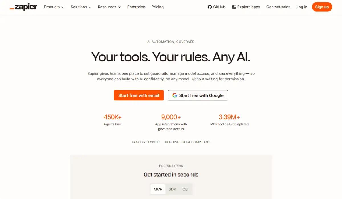 Zapier homepage showing app connectors and automated workflows