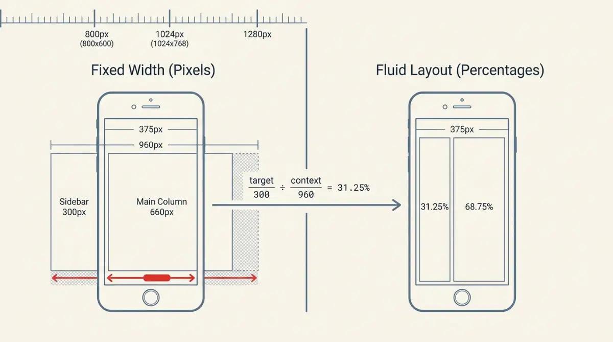 Diagram explaining what is the responsive design difference from fixed-width 960 pixel layouts