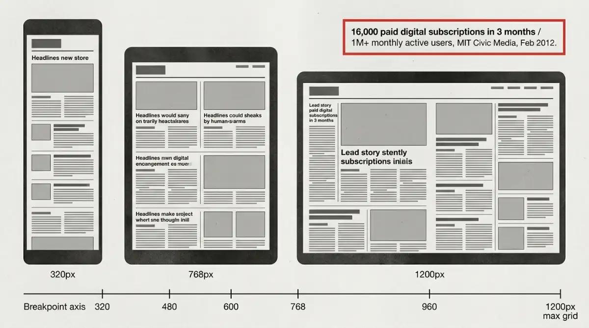 Boston Globe responsive redesign shown at three breakpoints with subscription results