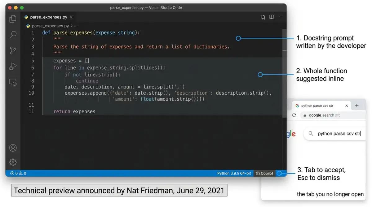 GitHub Copilot suggesting a full Python function from a docstring in VS Code