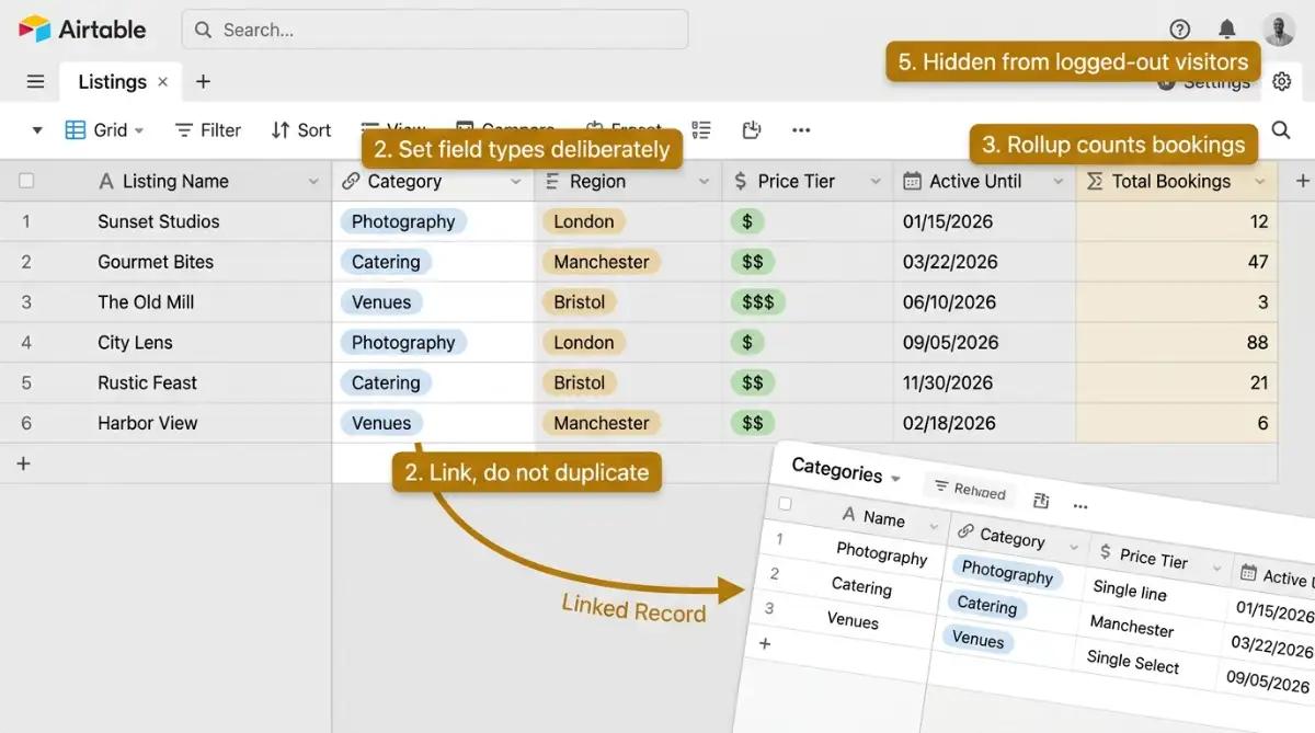 Airtable schema with linked records and rollup fields for a directory site