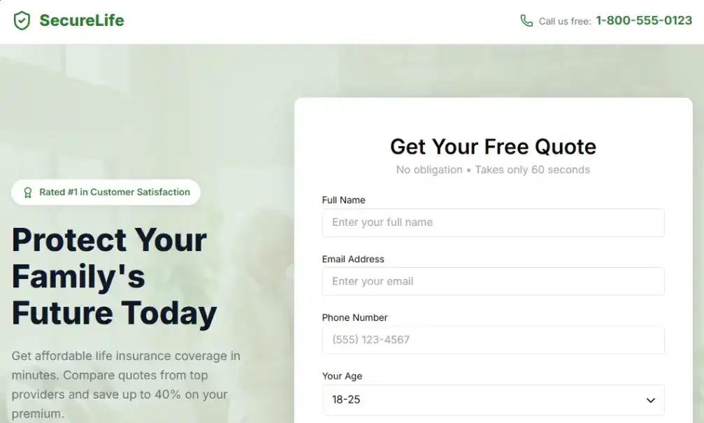 Life Insurance Quote Lead home page screenshot