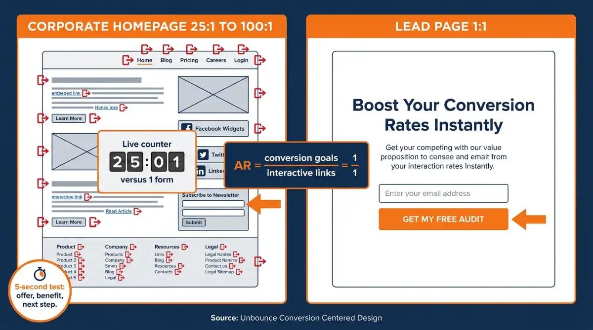 Split diagram of a 25:1 homepage versus a 11 lead