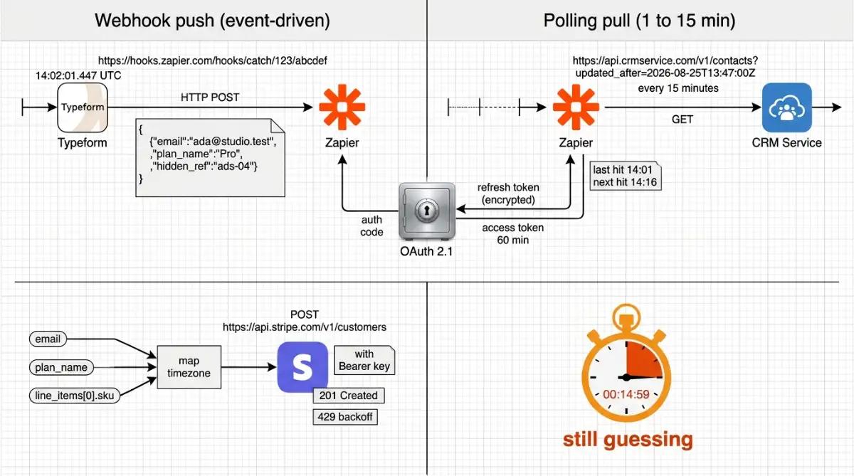 API no code Zapier webhook push versus 15-minute CRM poll
