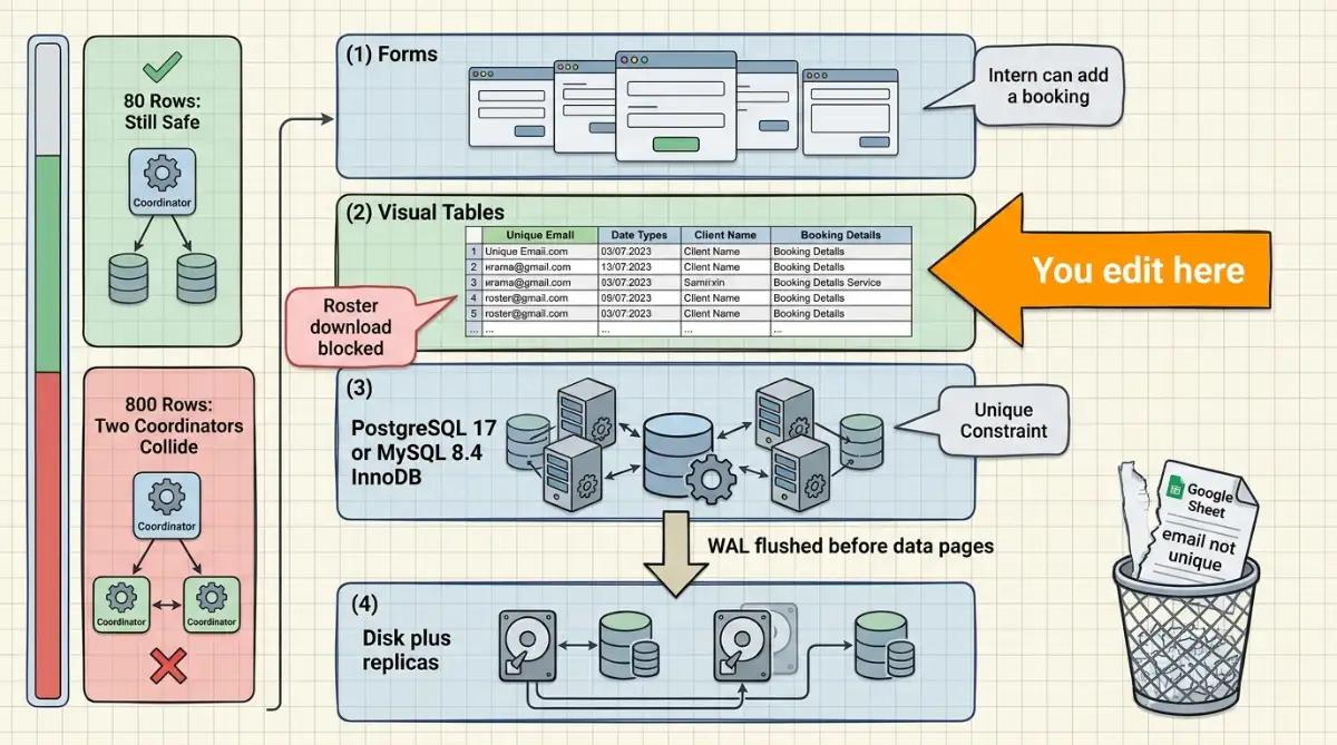Visual tables on PostgreSQL with unique keys and WAL
