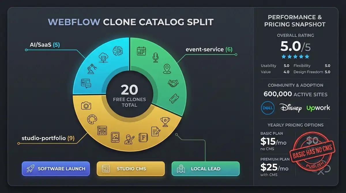 Webflow templates grouped by job with Basic $15 and Premium $25
