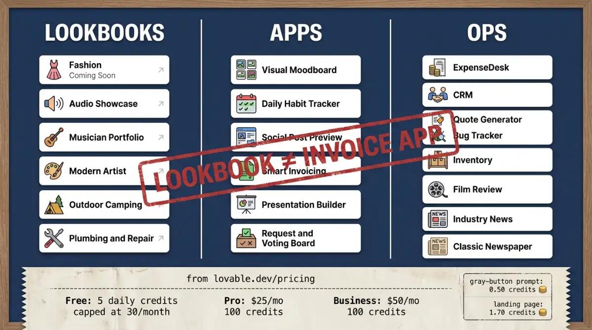 Lovable templates grouped by lookbook app and ops jobs