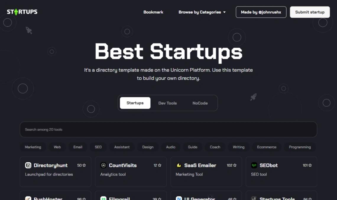 Startups Directory website template