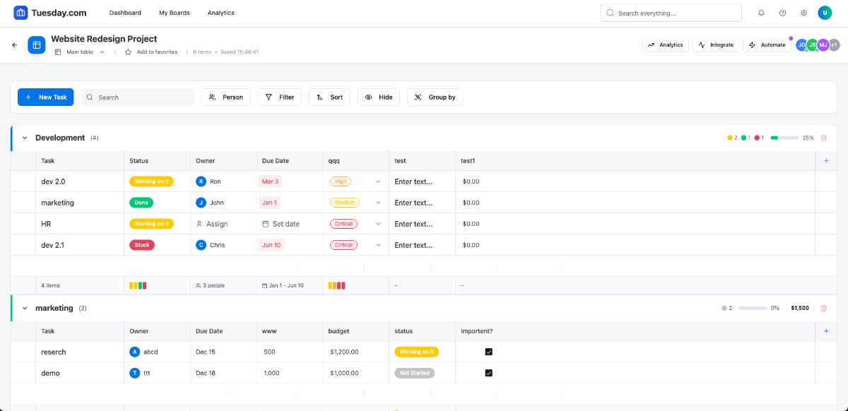 Project management app web application template